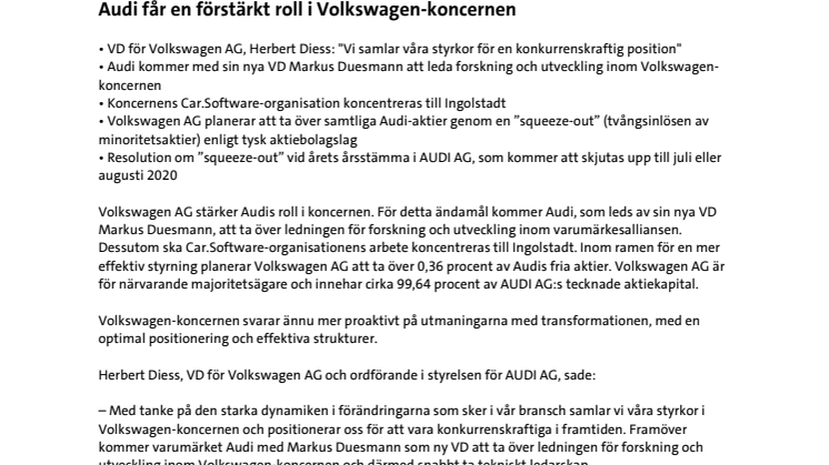 Audi får en förstärkt roll i Volkswagen-koncernen