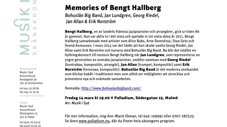 Memories of Bengt Hallberg Bohuslän Big Band, Jan Lundgren, Georg Riedel,  Jan Allan & Erik Norström  på Palladium i Malmö 14 mars