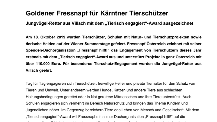 Jungvögel-Retter aus Villach mit dem „Tierisch engagiert“-Award ausgezeichnet