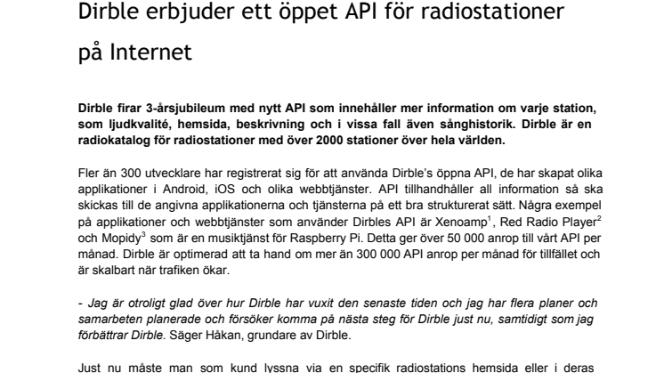 Dirble erbjuder ett öppet API för radiostationer på Internet