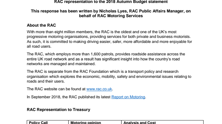 RAC representation to the Treasury ahead of the 2018 Budget