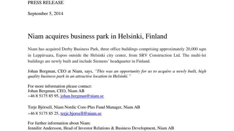 Niam acquires business park in Helsinki, Finland