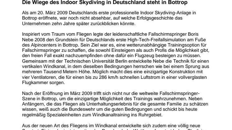 Presseinformation 10 Jahre Indoor Skydiving Bottrop