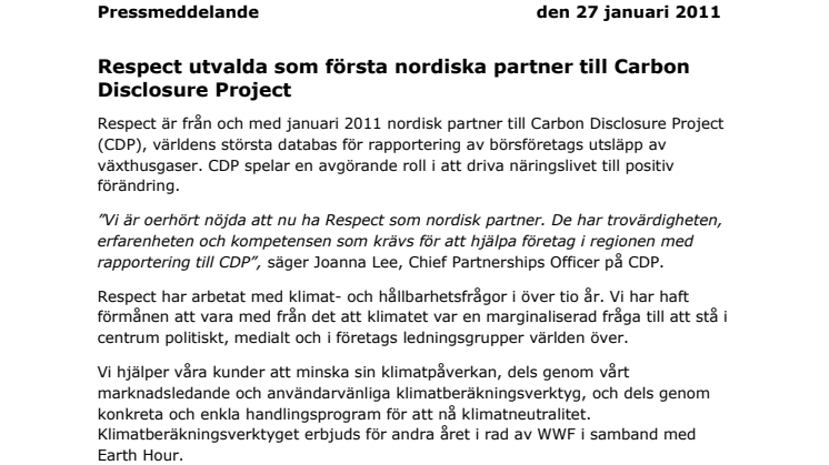 Respect utvalda som första nordiska partner till Carbon Disclosure Project