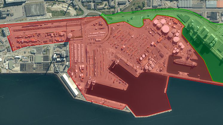 Västhamnens Containerterminal och Energihamn i röd markering är nu ett Civilt skyddsobjekt 