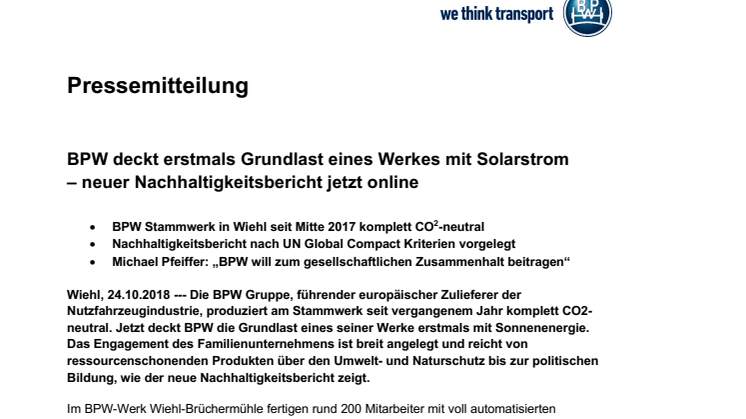 BPW deckt erstmals Grundlast eines Werkes mit Solarstrom – neuer Nachhaltigkeitsbericht jetzt online