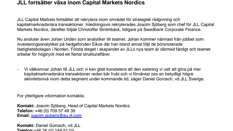 JLL fortsätter växa inom Capital Markets Nordics 
