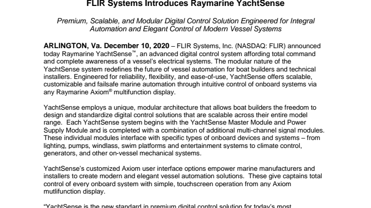 FLIR Systems Introduces Raymarine YachtSense