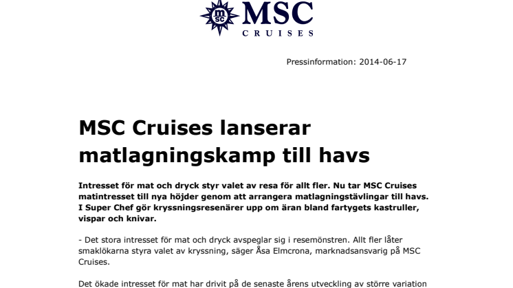 MSC Cruises lanserar matlagningskamp till havs