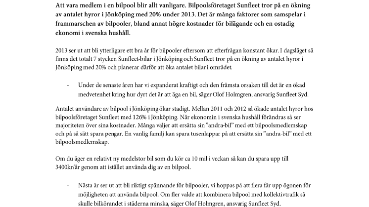 Sunfleet spår bilpoolsökning med 20 procent i Jönköping
