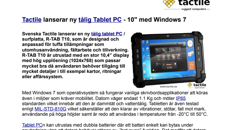 Tålig Tablet PC - 10" med Windows 7