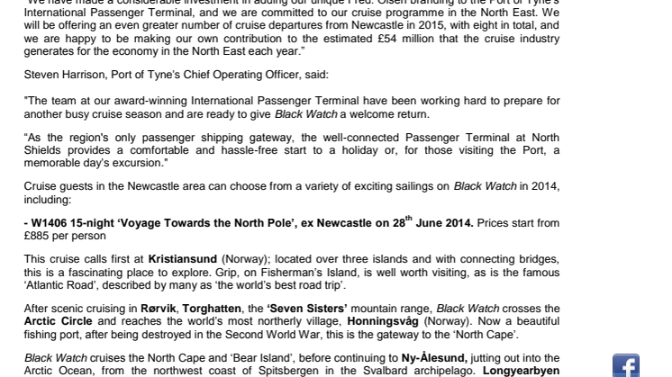 Fred. Olsen Cruise Lines’ Black Watch to sail from Newcastle again in 2014 