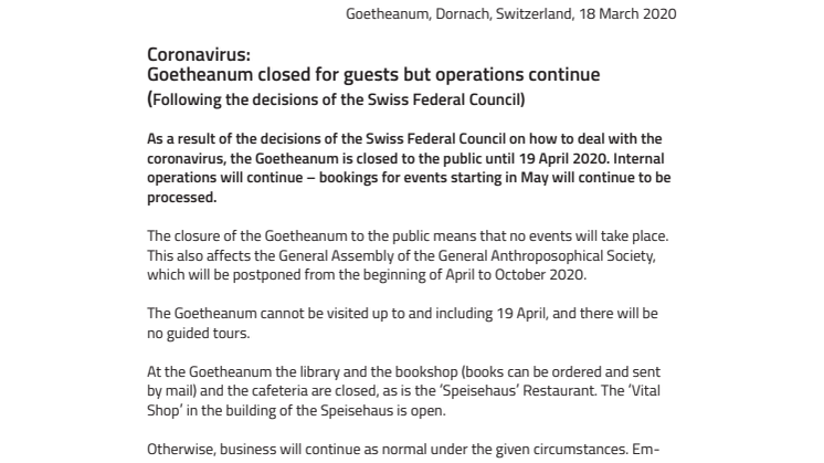Coronavirus: Goetheanum closed for guests but operations continue (Following the decisions of the Swiss Federal Council)