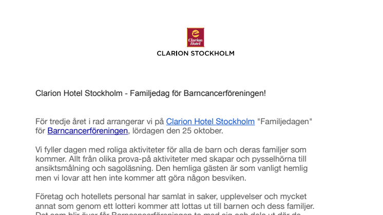 Clarion Hotel Stockholm - Familjedag för Barncancerföreningen!
