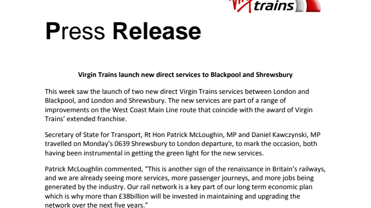 Virgin Trains launch new direct services to Blackpool and Shrewsbury
