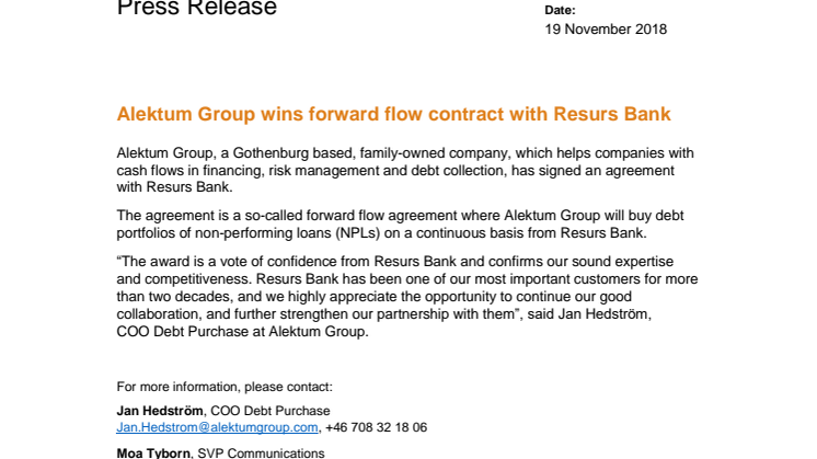 Alektum Group wins forward flow contract with Resurs Bank