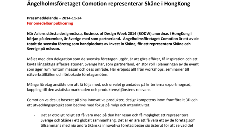 Ängelholmsföretaget Comotion representerar Skåne i HongKong