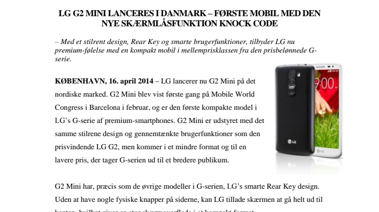 LG G2 MINI LANCERES I DANMARK – FØRSTE MOBIL MED DEN NYE SKÆRMLÅSFUNKTION KNOCK CODE