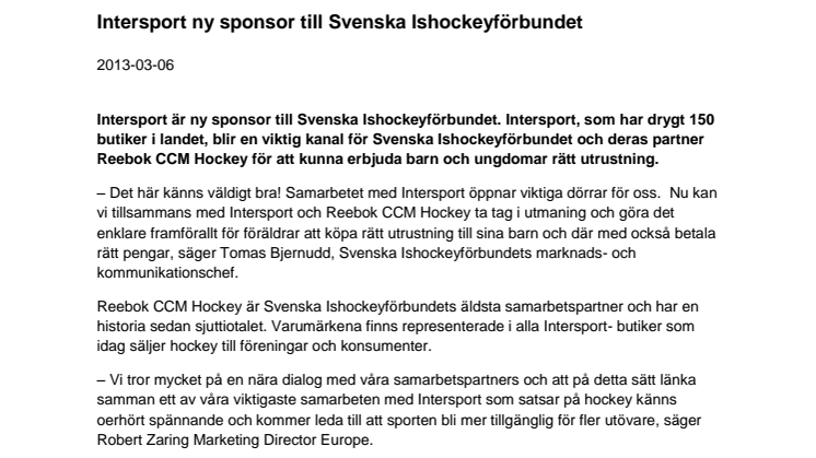 Intersport ny sponsor till Svenska Ishockeyförbundet