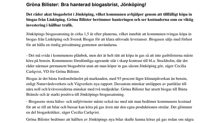 Gröna Bilister: Bra hanterad biogasbrist, Jönköping!