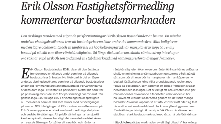 Erik Olsson Fastighetsförmedling kommenterar bostadsmarknaden 18 feb 2020