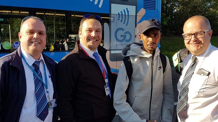 Team GNE members with a focussed Sir Mo Farah ahead of the Great North Run