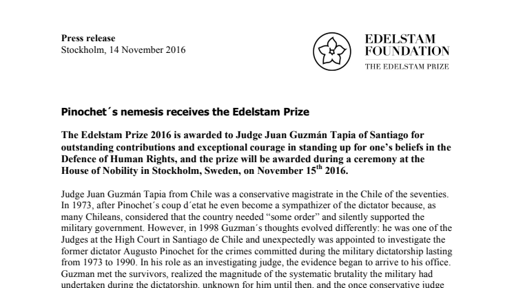 Pinochet´s nemesis receives the Edelstam Prize 