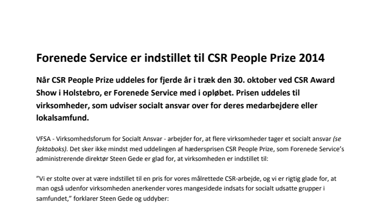 Forenede Service er indstillet til CSR People Prize 2014