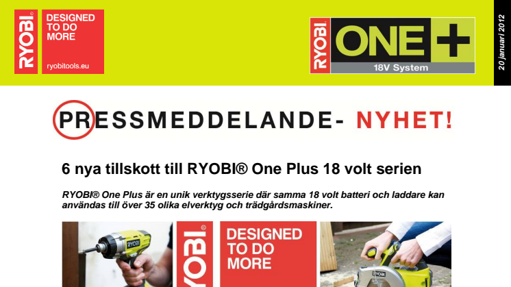 6 nya tillskott till RYOBI® One Plus 18 volt serien