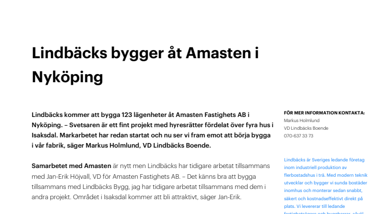 Lindbäcks bygger åt Amasten i Nyköping