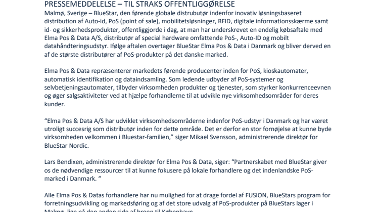 BlueStar Nordic erhverver Elma Pos & Data A/S i Danmark 