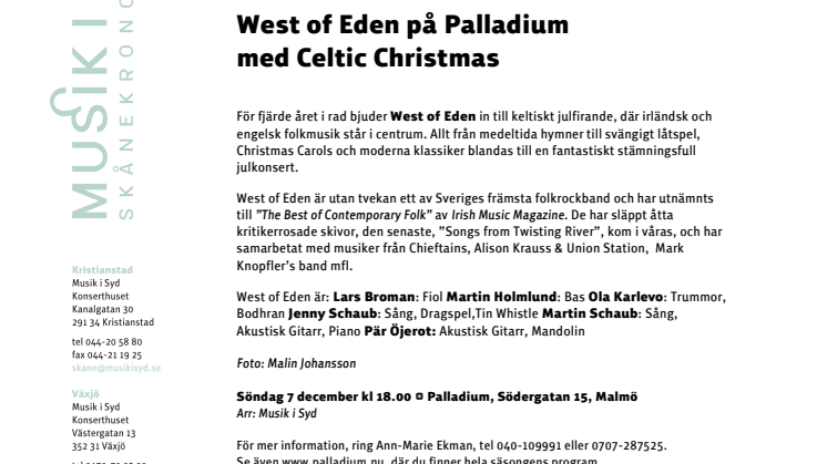 West of Eden med Celtic Christmas på Palladium 7 dec