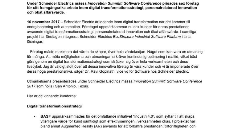 Schneider Electric prisar prestationer inom digital transformation