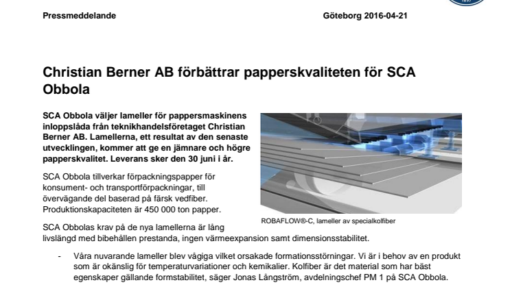 Christian Berner AB förbättrar papperskvaliteten för SCA Obbola