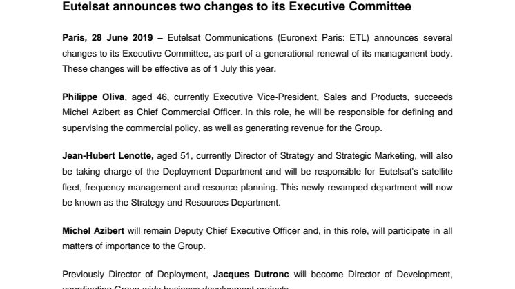 Eutelsat announces two changes to its Executive Committee