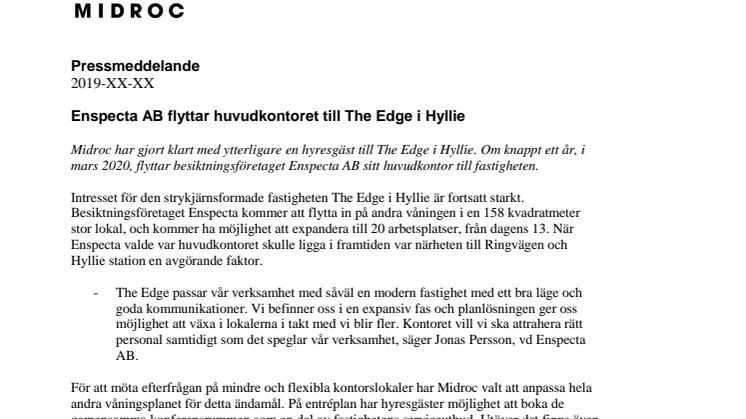 Enspecta AB flyttar huvudkontoret till The Edge i Hyllie