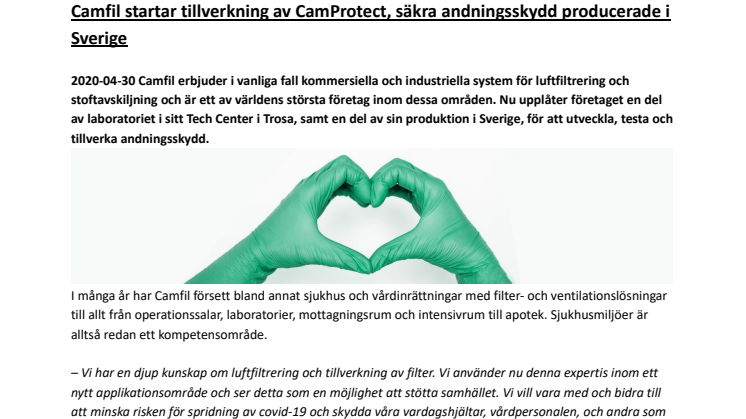 Camfil startar tillverkning av CamProtect, säkra andningsskydd producerade i Sverige