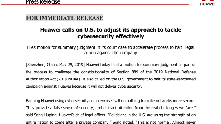 Pressmeddelande - Huawei calls on U.S. to adjust its approach to tackle cybersecurity effectively