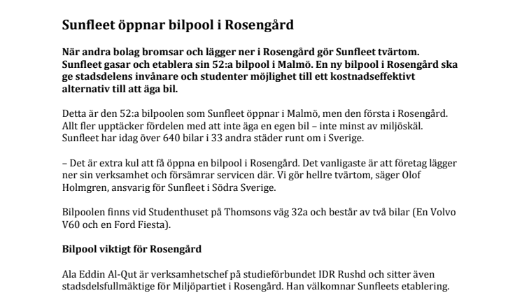 Sunfleet öppnar bilpool i Rosengård