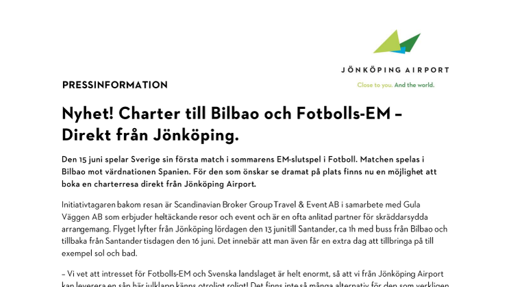 Nyhet! Charter till Bilbao och Fotbolls-EM - Direkt från Jönköping.
