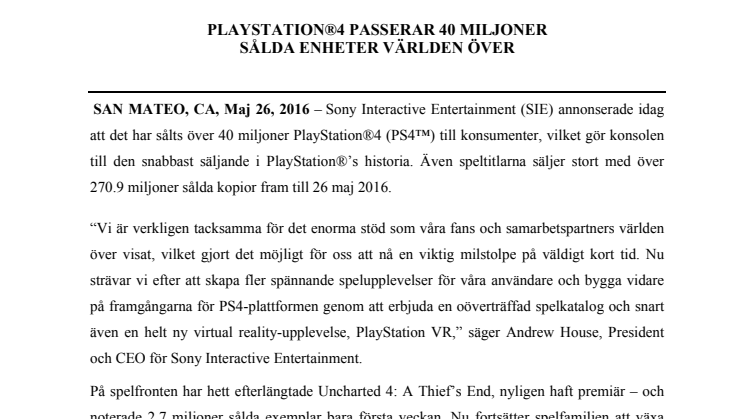 PlayStation®4 passerar 40 miljoner sålda enheter världen över