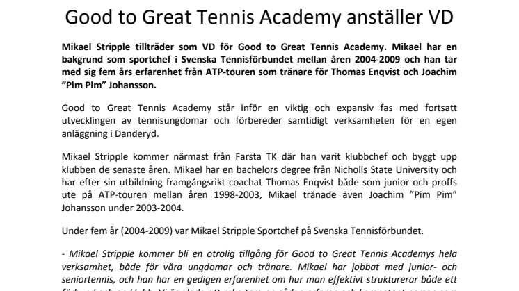 Good to Great Tennis Academy anställer VD