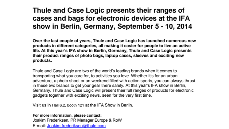 Thule and Case Logic presents their ranges of cases and bags for electronic devices at the IFA show in Berlin, Germany, September 5 - 10, 2014