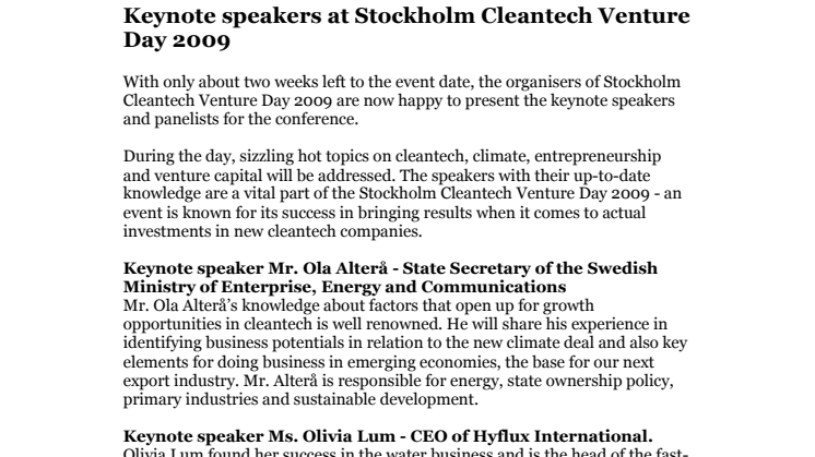 Keynote speakers at Stockholm Cleantech Venture Day 2009