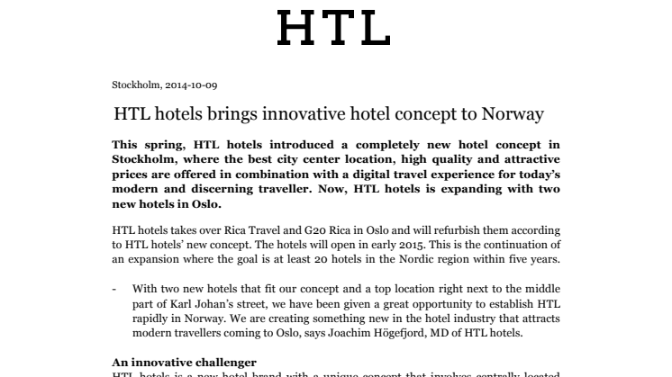 HTL hotels brings innovative hotel concept to Norway 