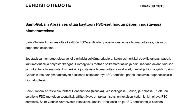 Saint-Gobain Abrasives ottaa käyttöön FSC-sertifioidun paperin joustavissa hiomatuotteissa