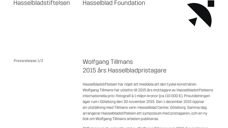 Wolfgang Tillmans - 2015 års Hasselbladpristagare
