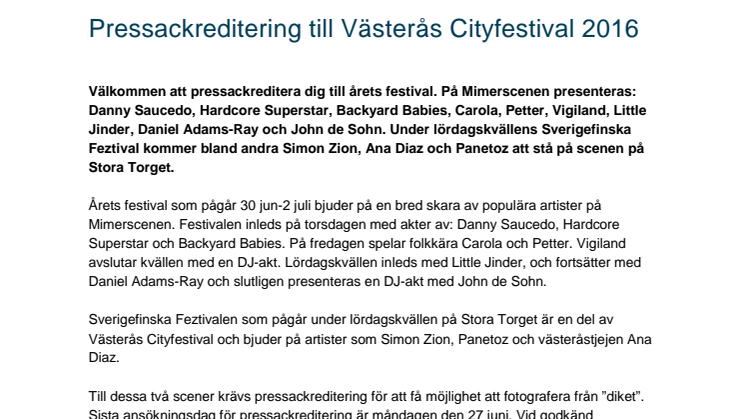 Pressackreditering till Västerås Cityfestival 2016