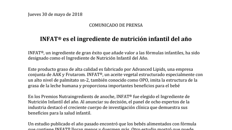 INFAT® es el ingrediente de nutrición infantil del año