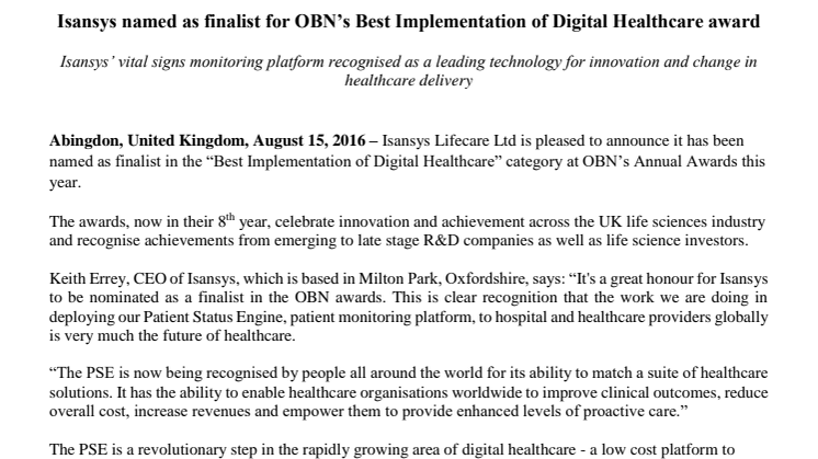 Isansys named as finalist for OBN’s Best Implementation of Digital Healthcare award 